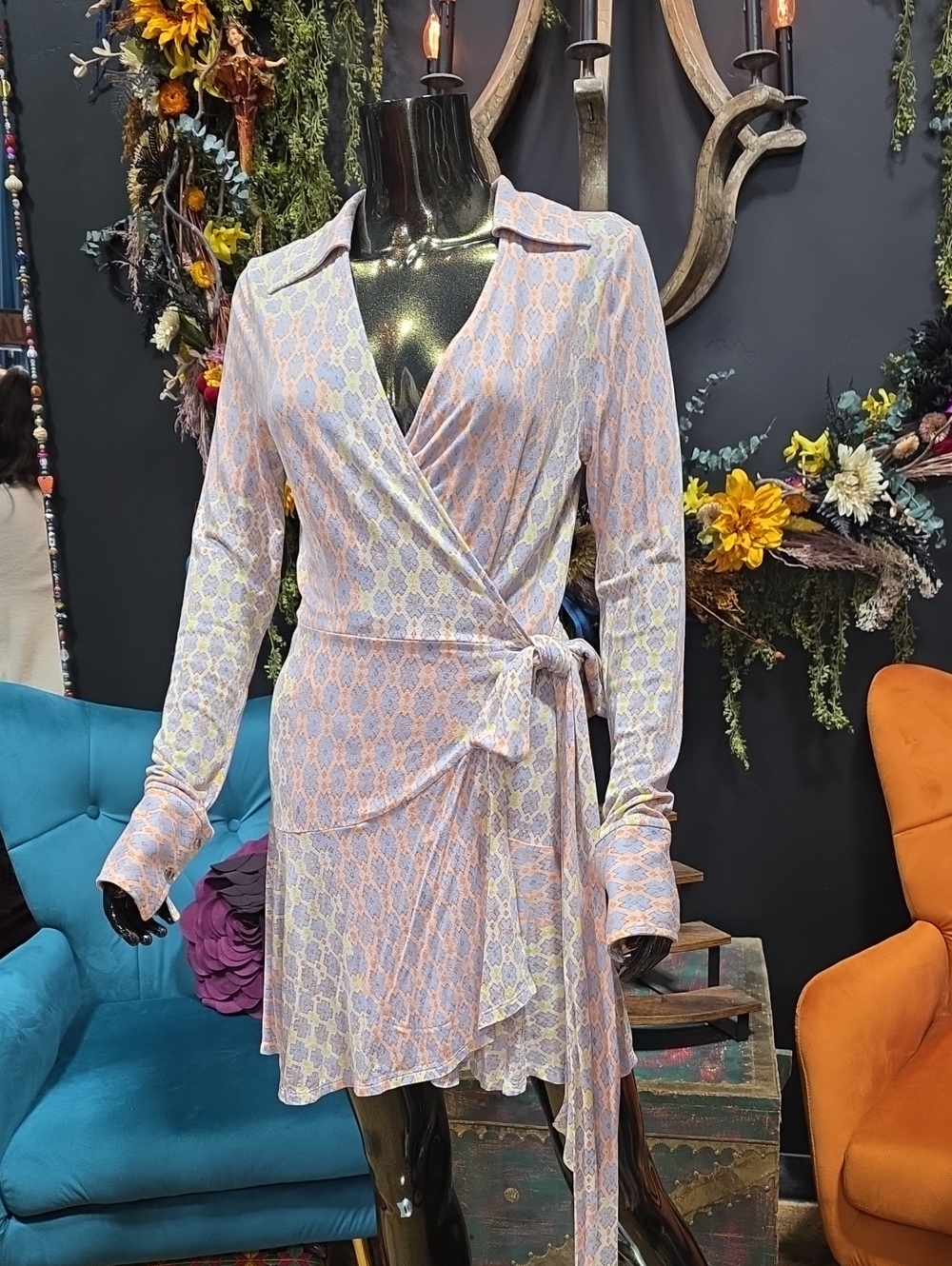 Free People Pastel Pink & Pale Yellow Design Wrap Mini Dress